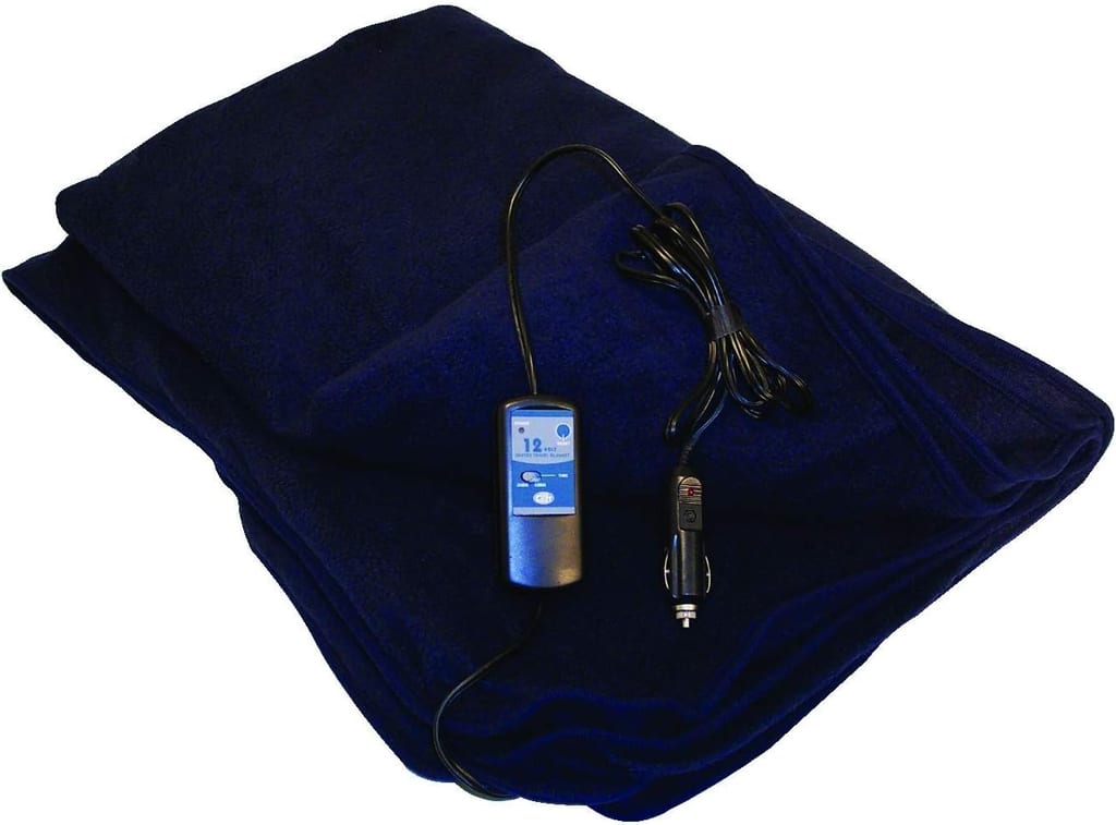 Navy fleece Car Cozy 12V heated blanket with its plug and cord