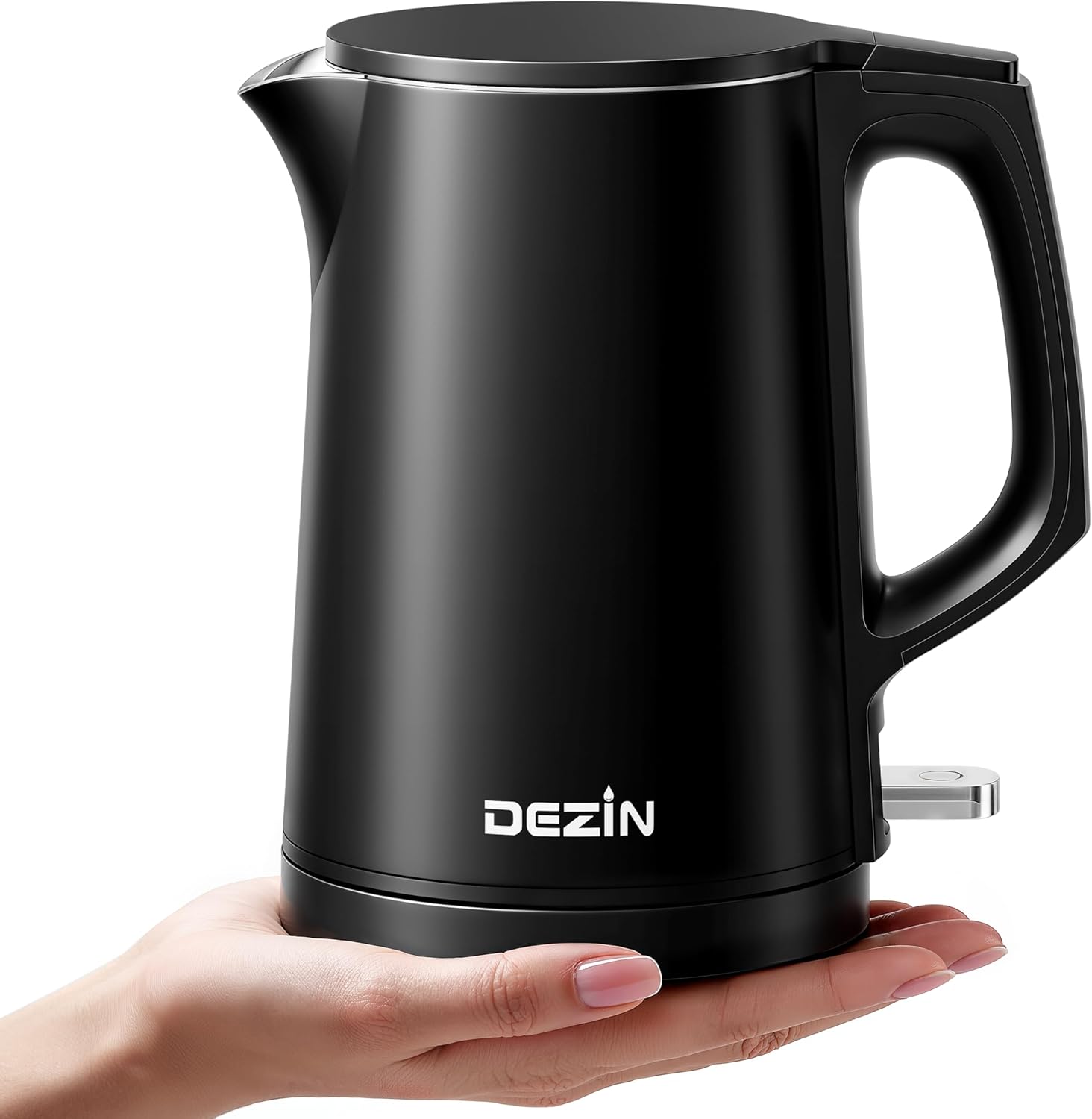 Small black stainless steel Dezin electric kettle on its base