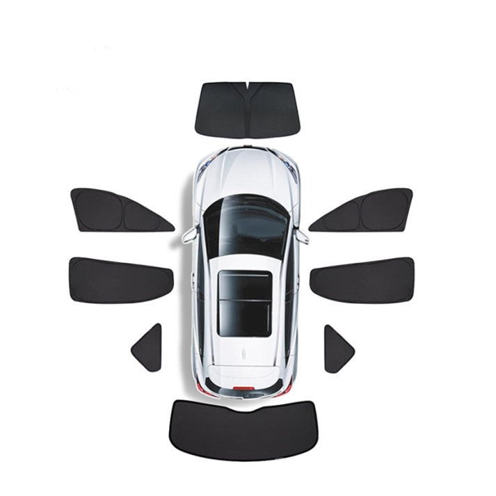 Eight black folding window shades for a Tesla Model Y