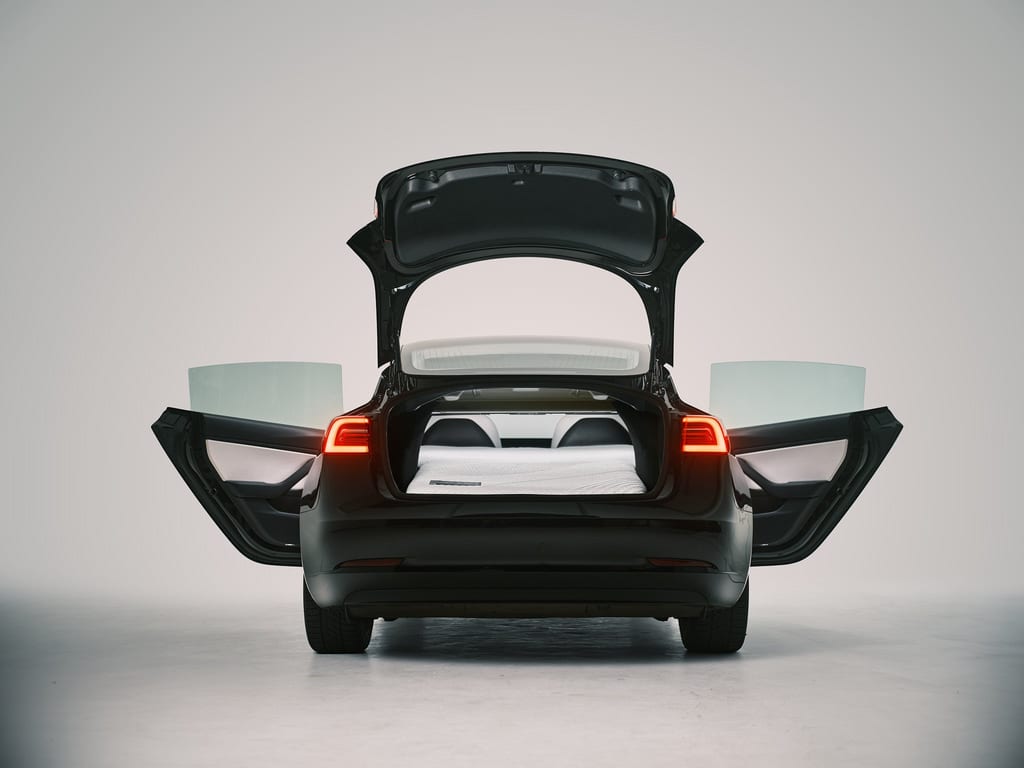 Snuuzu mattress set up in the back of a Tesla Model 3