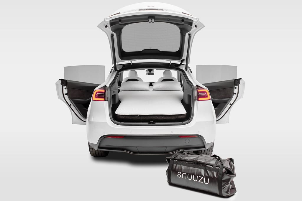 Snuuzu mattress set up in the back of a Tesla Model Y